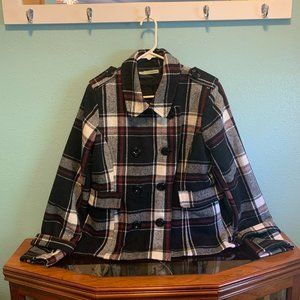 XL Maurices Black/Red/White Checkered Double Breasted Button Up Pea Coat